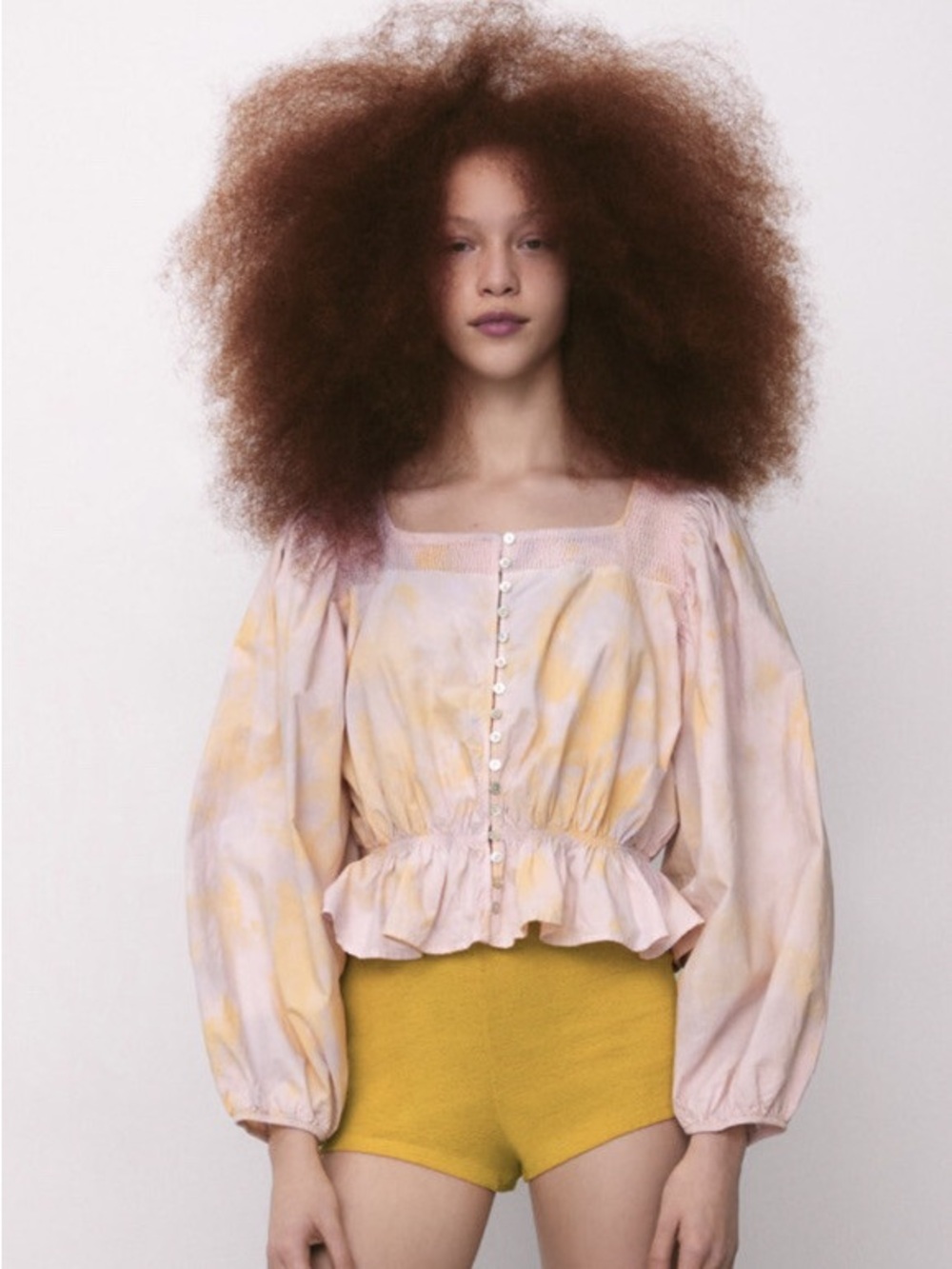 Zara Tie Dye Puff-Sleeve Crop Peplum Blouse — Pink and Yellow sz S